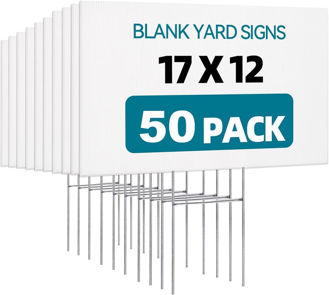 Lawn Signs Corrugated Plastic 17x12 Inches Blank Yard Signs with Stakes for Yard Sale Sign Outdoor, Garage Sale, Open House, Estate Sale, Guidepost, Birthday Party (50 Pack)