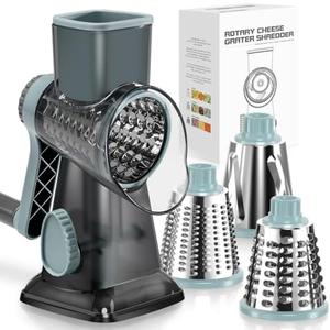 KEOUKE Rotary Cheese Grater Hand Crank Transparent - Shredder Slicer Grinder 3 Stainless Steel Blades, Stable Suction, Labor-Saving Handle, Safe Kitchen Tool for Cheese, Vegetable, Nuts, Chocolate