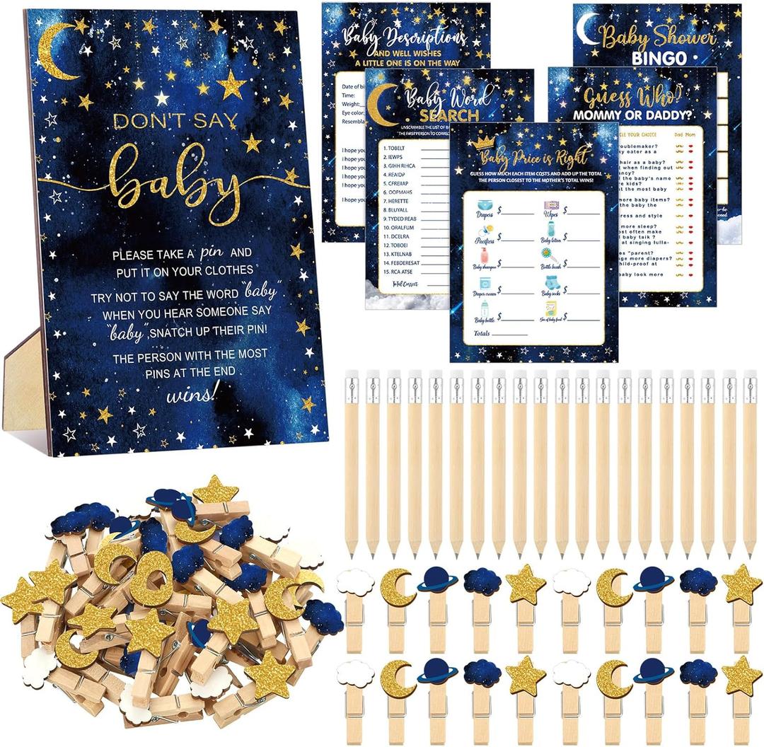 Patelai 321 Pcs Baby Shower Games Supplies, 5 Sets (50 Cards Each) Activities Cards with 20 Pencils 1 Don't Say Baby Sign 50 Clothespin(Twinkle Little Star)
