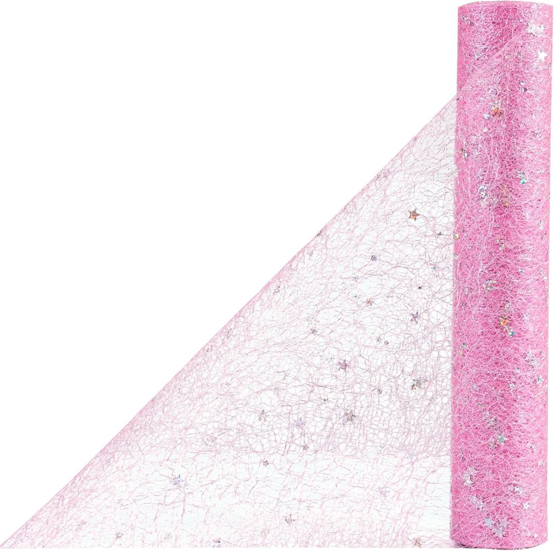 OSVINO Starry Moon Table Runner Silver Glitter, 11Inch x 33Feet Shimmer Metallic Sequin Mesh with Stars & Moons for Wedding Valentine's Day Table Decor, Bridal Baby Shower Birthday Party, Pink