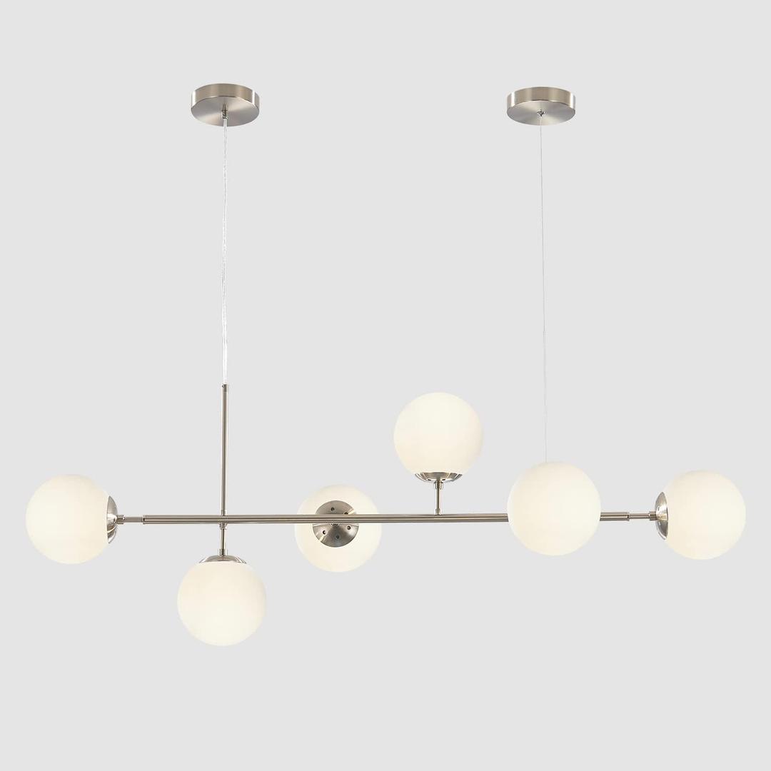 BOKT Modern 6-Light Ceiling Pendant Lighting Mid-Century Large Globes Sputnik Chandelier Brushed Nickel Milk Glass Globe Linear Pendant Light Dining Room Flush Mount Ceiling Lamp (Silver+White)