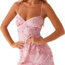 Women Sequin Sleeveless Mini Dress Sparkly Backless Strappy Short Dress Sexy Glitter V Neck Cami Dresses Party Club (Pink, S)