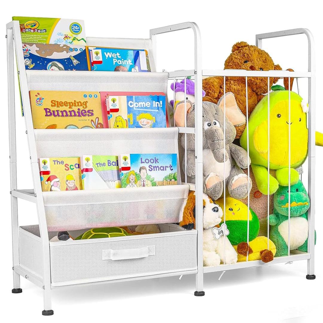 Kids Bookshelf & Stuffed Animal Storage  Large White 3-Tier Book Display Rack with Sling Shelves & Fabric Toy Chest | Toy Organizer for Playrooms, Bedrooms, Nurseries