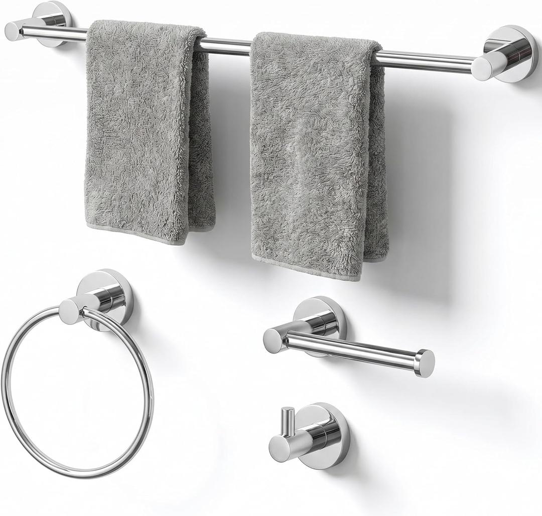 24-Inch Wall Mounted Bathroom Towel Rack Set, 4-Piece Stainless Steel Bathroom Hardware Set with Towel Bar, Towel Ring, Toilet Paper Holder & Hook, Chrome