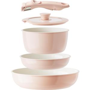 Redchef Ceramic Cookware Set, Removable Handle Pots and Pans Non-Stick, Rv Cookware Set, Non-Toxic Pots and Pans Set No PFAS, PTFE, PFOA, Detachable Pots and Pans, Dishwasher & Oven Safe (Pink)