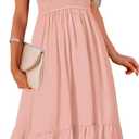 MEROKEETY Women's Summer Casual V Neck Ruffle Sleeve Smocked High Waist Midi Dress with Pockets (Pink, S)
