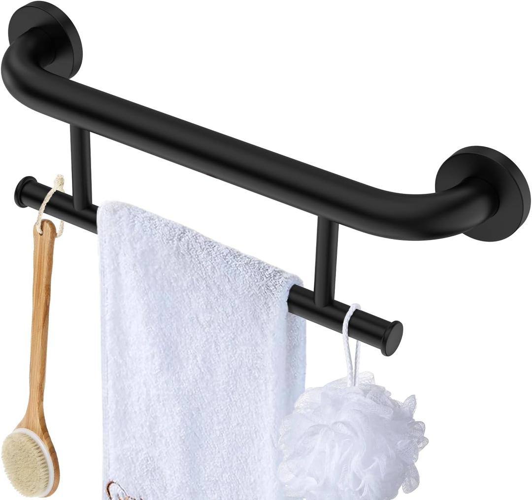 Black Handicap Grab Bar w/Toilet Paper Roll Holder, Zepolu 2in1 Safety Assist Bar Balanced Support Handle 17 Inch, Stainless Steel Wall Mounted Bathroom Toilet Grab Bar for Senior Elderly Disabled