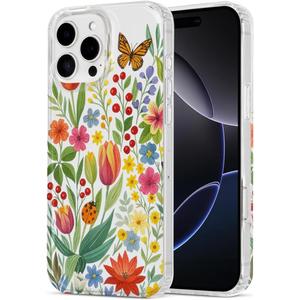 Compatible with iPhone 16 Pro Clear Case, Trendy Cute Floral Flowers Slim Anti-Yellowing TPU Shockproof Aesthetic Protective Phone Case Cover for Women Girls 6.3",in the Gardan