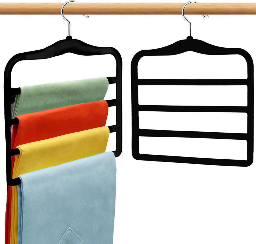 Closet Organizers and Storage, 2 Pack Pants-Hanger-Space-Saving, Velvet Clothes Organization Jeans Trousers Scarf Hangers for Pant-Rack, College-Dorm-Room Essentials for Students Girls Boys Guys (Black+sliver)