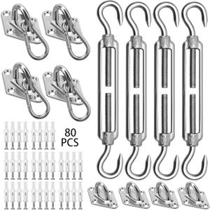 Sun Shade Sail Hardware Kit 6 Inch for Rectangle & Triangle Shade Sail Install, Stainless Steel ShadeSail Fixing Accessories for Outdoor Patio Canopy Garden, Heavy Duty Awning Attachment 80 Set (Silver)