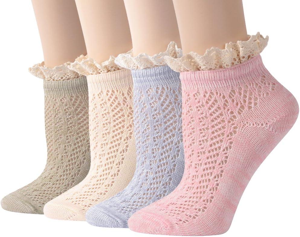 Funcat Lace Short Socks, Ladies Women Big Girl Gift Elastic Sheer Knitting Patterned Lolita Ankle Hosiery Socks 4 Pairs