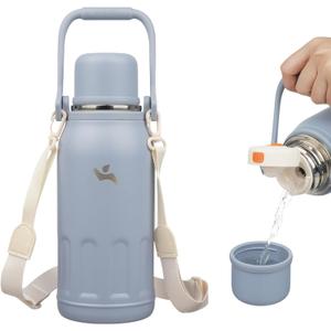Insulated Water Bottle with Handle and Strap,Vacuum Travel Tumbler with Cup Lid,Thermo Coffee Cup for Hot Cold Drinks 40 OZ,Blue Haze