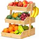 Gmtsl Bamboo Fruit Basket for Kitchen – 3 Tier Fruit Bowl For Kitchen Counter, Large Fruit Holder With 2 Banana Hangers, Idea For Fruit and Vegetable Storage, Bread Basket, Snack Organizer(Bamboo)