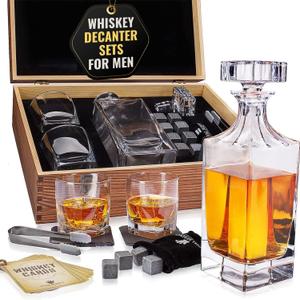 Whiskey Decanter Gift Set by Royal Reserve – Liquor Bourbon Decanter 24 oz 750 ml with Glasses, Chilling Stones, Coasters and Tong – Whiskey Gifts for Men, Husband, Dad, Boyfriend