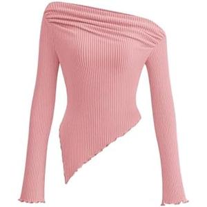 PRETTYGARDEN Women's Spring Long Sleeve Y2K Crop Top Trendy Off Shoulder Asymmetrical Fitted Knit Tee Shirts Going Out Tops, XL