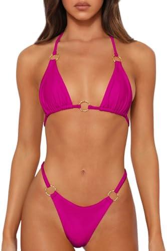 MIKETAI Sexy Bikinis for Women 2 Piece Bikini Spaghetti Strap Swimsuits Solid Color Bathing Swimwear Triangle Bathing Suit, Medium,  Rose Red