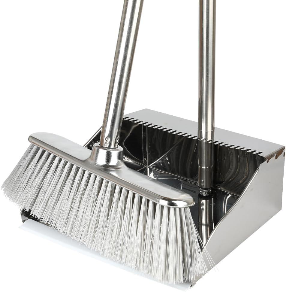 Metal Dustpan with Broom Set, Long Handle Stainless Steel Dustpan,Heavy Duty Standing Dust Pan with Teeth, Indoor Outdoor Up for Home Kitchen Lobby Room Office