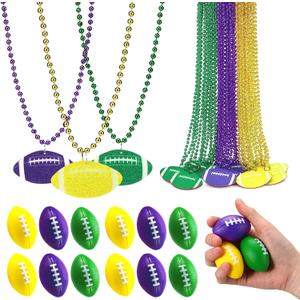 Kenning 48 Pcs Mardi Gras Throws Bulk Mardi Gras Beads Necklace with Mini Football Stress Balls Bulk Pressure Ball Necklaces Pendant Beads Necklaces for Carnival Party Favors Celebrations Decor