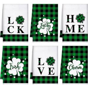 Honoson 6 Pcs St Patrick's Day Kitchen Towels St. Patrick's Day Dish Towels Shamrocks Gnomes Plaid Absorbent Bathroom Set Tea Cloth for Kitchen Home 16 x 24 Inches(Green and Black,Home Style)