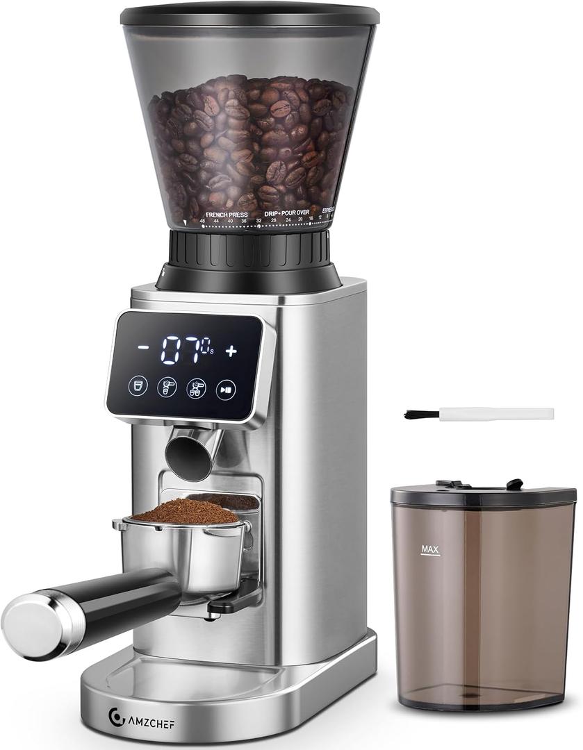 AMZCHEF Coffee Grinder, Coffee Bean Grinder for Home Use with Precise Grinding, LED Control Panel, Detachable Funnel Stand, Anti-static Design, 48 Grind Settings, Silver