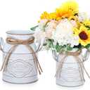 Roshtia 2 Pcs 6 Inch Vintage Galvanized Milk Can Vase Spring Farmhouse Metal Vases Milk Jug Vase Decor with Handle Rustic Flowers Buckets for Weddings Table Centerpiece (Retro White)