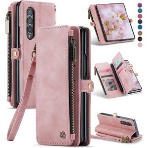 Defencase Wallet Case Compatible with Samsung Galaxy Z Fold 3 with RFID Blocking Card Holder & S Pen Holder PU Leather Magnetic Snap Flip Zipper Strap Phone Case Fit for Galaxy Z Fold 3, Rose Pink