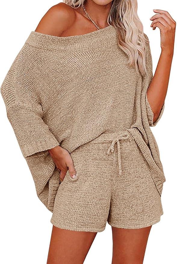 Ermonn Womens 2 Piece Outfits Sweater Sets Off Shoulder Knit Tops Waist Short Suits Casual Pajama Set XL