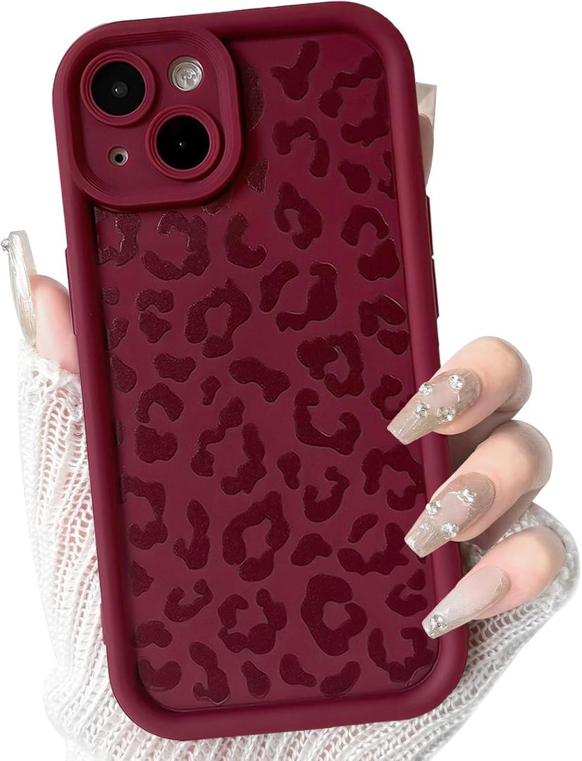 NITITOP Compatible with iPhone 15 Case Cute Stylish Leopard Print Design for Women Girls Men Artistic Soft TPU Shockproof Protective Full Camera Protection Cover - Wine Red