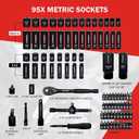 95-Piece 3/8" Drive Impact Socket Set, 6-Point Deep & Standard SAE/Metric CR-V Sockets with Ratchet Handle & Security Bits
