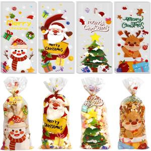 100 PCS Christmas Cellophane Treat Bags(5x11 Inch) with Tie, Plastic Christmas Bags for Candy Goodie Goody Cookie Gift Wrap Xmas Santa Pouches Frozen Winter Holiday Party Favors Supplies Decorations