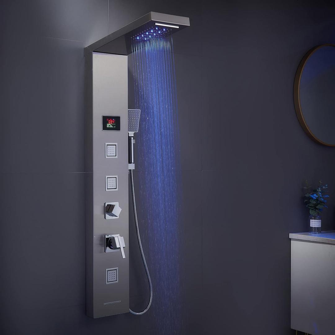 LED Shower Panel, 5-in-1 Shower Tower System, Rainfall & Waterfall Shower Head, Massage Jets, Tub Spout, Handheld Shower (Brushed)