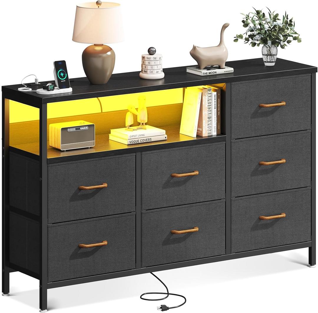 AODK Dresser with LED Lights and Charging Station, 52-Inch Long Dresser for Bedoom with 7 Large Storage Drawers, Fabric Dresser TV Stand with Open Shelves, Dark Grey