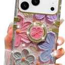 for iPhone 17 Pro Max Glitter Floral Case,Cute Colorful Retro Oil Painting Printed Flower with Bling Sparkly Ring Kickstand Protective Case for Girls Women for iPhone 17 Pro Max 6.9",Colorful