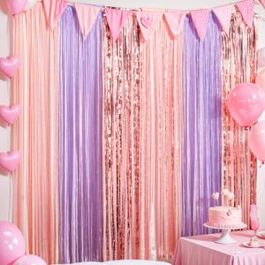 2 x 2 Pack Rose Gold Purple Backdrop Curtains 3.28 x 6.56 ft Foil Fringe Tinsel Streamers Singer Birthday Party Decorations Magical Music Themed Party Supplies for Women Bridal Bachelorette