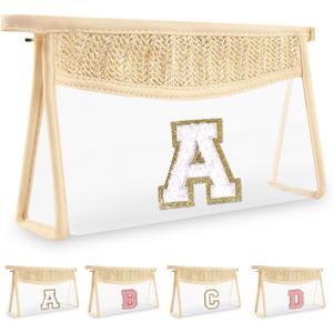 UIXIZQ Personalized Initial Letter Bag Boho Straw Clear Makeup Bag,Small Cute Chenille Varsity Letter Bag With Zipper,Beach Travel Toiletry Bag,Portable Monogrammed Cosmetic Bag for Women Girls,A (White)