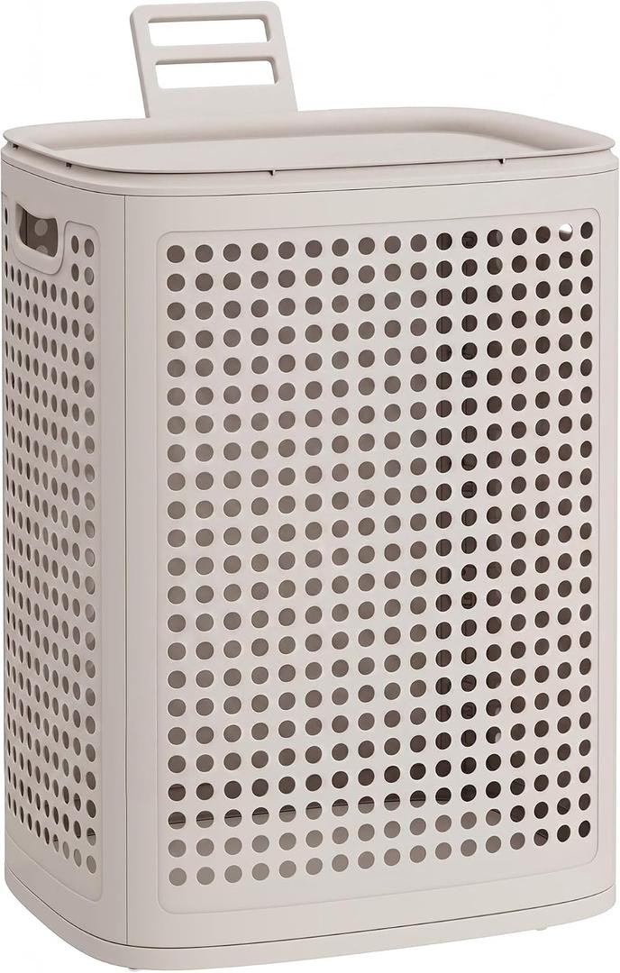 SONGMICS Laundry Hamper with Lid, Plastic Laundry Basket, 19.8 Gallons (75 L), Slim Storage Basket, for Bathroom, Bedroom, Cappuccino Beige URLH021L101