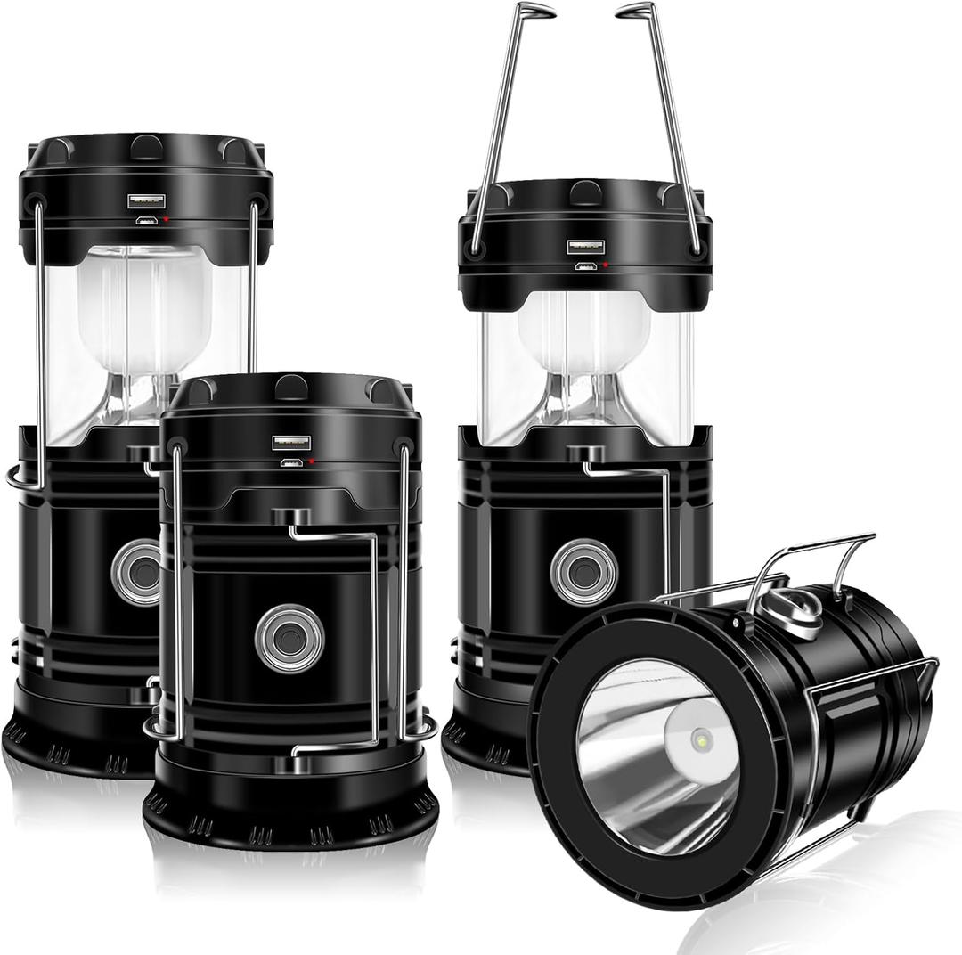 DIBMS 4-Pack Solar Camping Lantern, Collapsible LED Solar USB Rechargeable Lantern Flashlight Emergency Hanging Lights for Camping Hurricanes Power Outages Indoor Outdoor