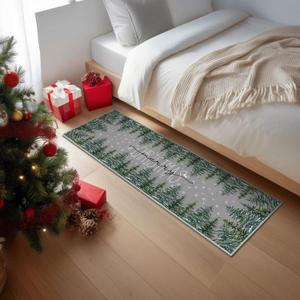 Artoid Mode Grey Pine Tree Merry Christmas Runner Rug, Winter Home Decor Low-Profile Washable Area Rug for Hallways Entryway Bedroom Bathroom Laundry Room Indoor 2x6 Feet