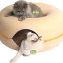 Cattasaurus Peekaboo Cat Cave Donut for Multiple & Large Cats up to 30-45 lbs, 3-in-1 Self Warming Cat Bed, Tunnel & Scratcher for Indoor Cats, Washable & Detachable Dog Bed (Pastel Macaron, Large)