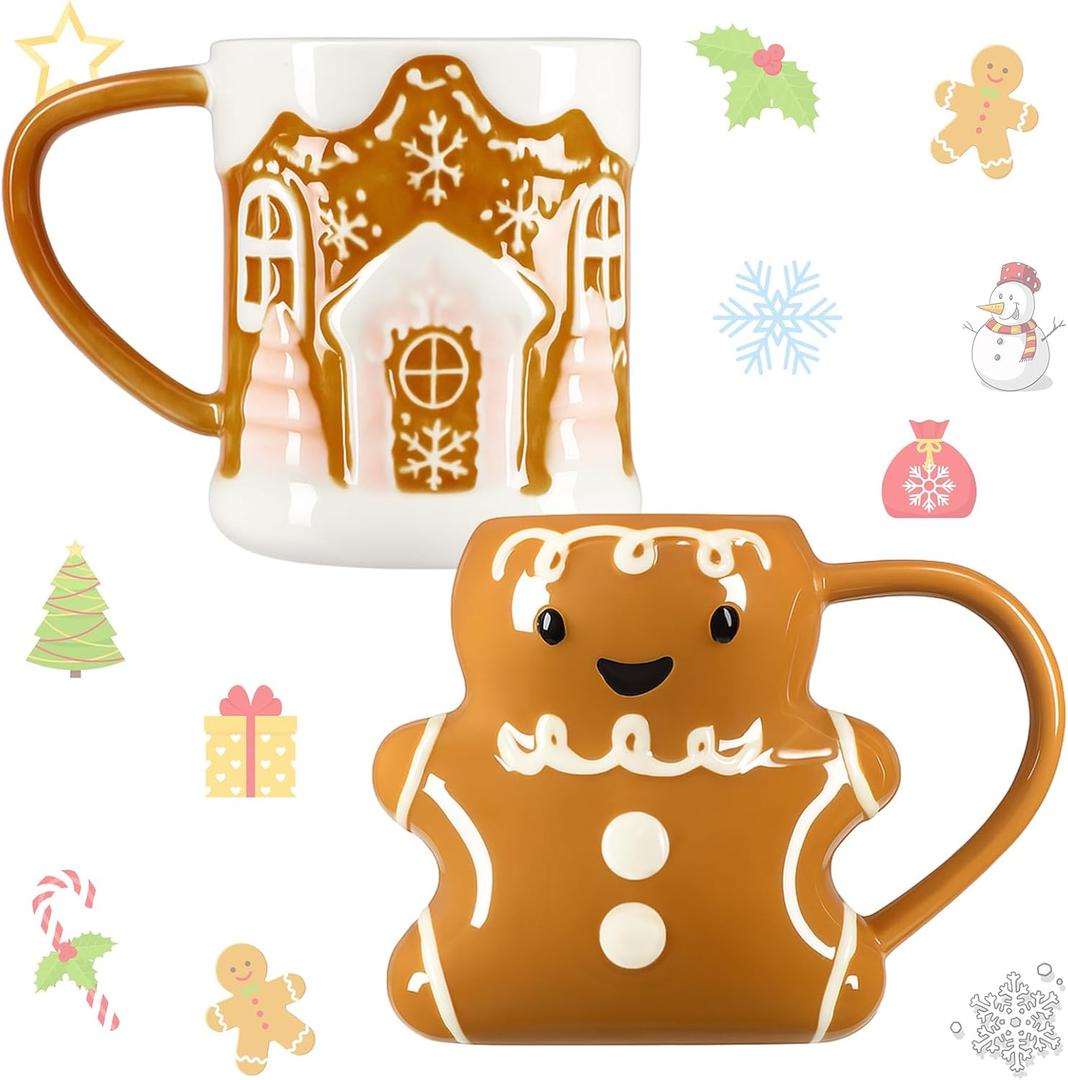 LemonRoad 2 Pcs 14 oz Christmas Cute Coffee Mugs Gingerbread Man and House Ceramic Novelty Ceramic 3D Cocoa Cups Vintage Happy Christmas Mugs Gifts for Hot Chocolate Cocoa Milk Tea Coffee Lover