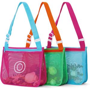 3Pcs Alphabet Printed Seashell Bags, Lightweight & Foldable Kids Beach Toy Mesh Bags with Adjustable Straps, Waterproof and Portable for Pool and Beach Essentials-O (Blue Rose Green)