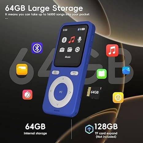 64GB MP3 Player with Bluetooth,Bluetooth Portable HiFi Lossless Sound MP3 Player with Speaker,Voice Recorder,Shuffle for Kids,Hiking,Running,Micro SD Card up to 128GB
