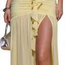 SHENHE Women's Sexy Halter Deep V Maxi Dress Open Back High Slit Ruched Ruffle Party Cocktail Dress (Yellow, M)