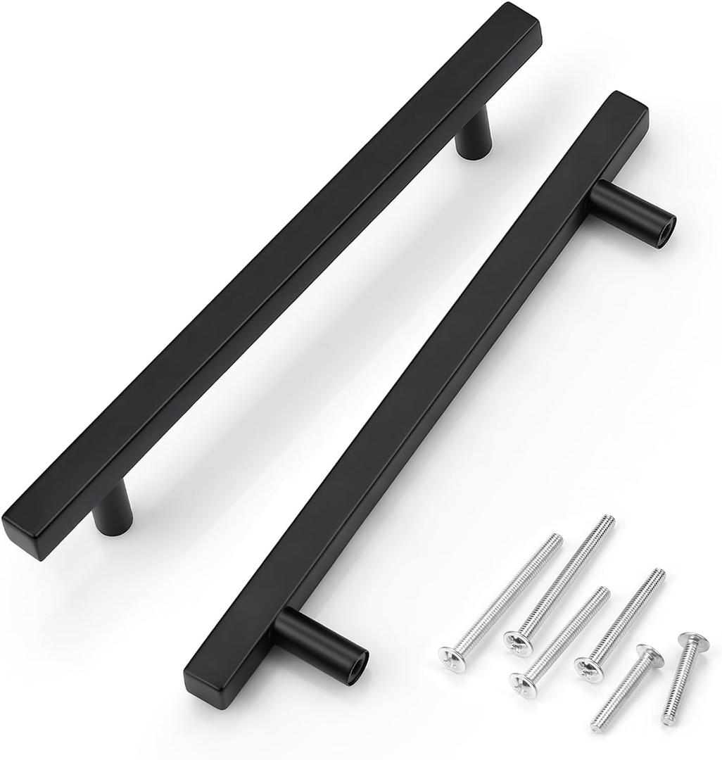 KNOBWELL 6 Pack 6-3/10" Kitchen Cabinet Handles Matte Black Cabinet Pulls - Square T Bar Cupboard Door Handles, Bathroom Cabinet Handles Vanity Pulls (Hole Center:6 3/10 inch(160mm))