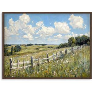 Vintage Spring Country Meadow Landscape Oil Painting Canvas Art Print, 32"x24", Framed, Ready to Hang - Impressionist Wildflower Field Wall Art for Farmhouse Decor in Living Room, Bedroom, Office (Whispering Wilderness)