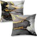 Black Grey and Gold Marble Texture Pillow Covers 22"x22" Double-Sided, Abstract Modern Decorative Throw Pillow Covers for Living Room Bedroom, Modern Home Decor, Black and Gold Decor, Set of 2