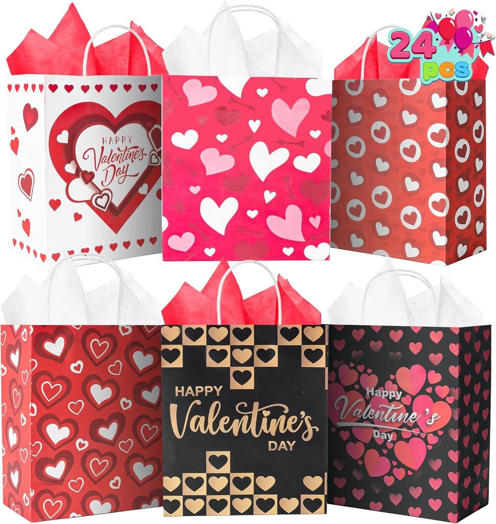 JOYIN 24 Pcs Valentine's Day Paper Gift Bags with Handle, 9" Snack Candy Bag,Valentine Party Favors Wrapping Birthday Gift for Party Supplies Gift Giving Goodie Bags (Tissue Papers NOT Included) (Red)