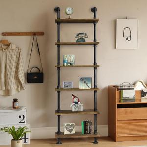 Wall Mounted Wood Storage Ladder Bookshelf, Retro Rustic Industrial Pipe Shelf Decor Shelf for Home, Office, Living Room Apartment, Small Space (6-Tier)