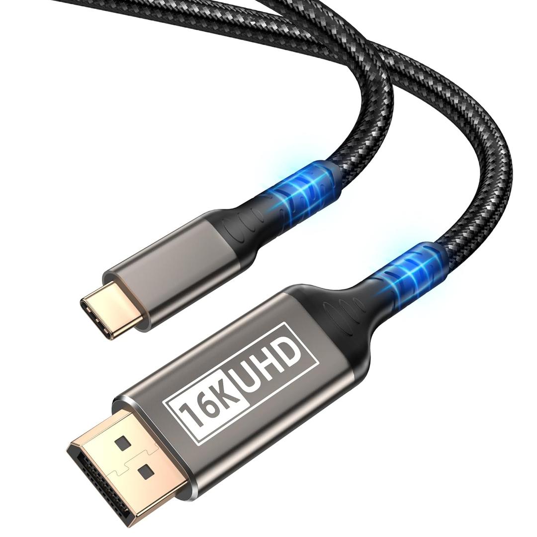 USB C to DisplayPort 2.1 Cable 16K 6.6FT, Type C to Display Port Cord 8K@120Hz 4K@240Hz, Thunderbolt 3/4/5 Compatible with iPhone 17/16/15 Pro Max, Galaxy S25, MacBook Pro/Air, iPad, XPS