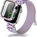 Magnetic Band for Women Compatible with Apple Watch Band 38mm 40mm 41mm 42mm 44mm 45mm 46mm Milanese Stainless Steel Loop with Bling Protective Case, Dressy Metal Strap Replacement iWatch Band (Rainbow)